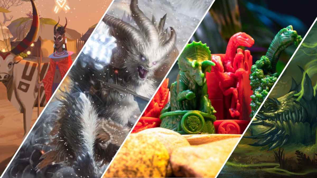 Upcoming board games and TRPGs splash image with The Wagadu Chronicles, Frosthaven, Jurassic World: The Legacy of Isla Nublar, and Uncharted Journeys