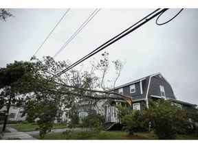 Un arbre repose contre des lignes électriques après le passage de la tempête post-tropicale Fiona le 24 septembre 2022 à Sydney, en Nouvelle-Écosse.