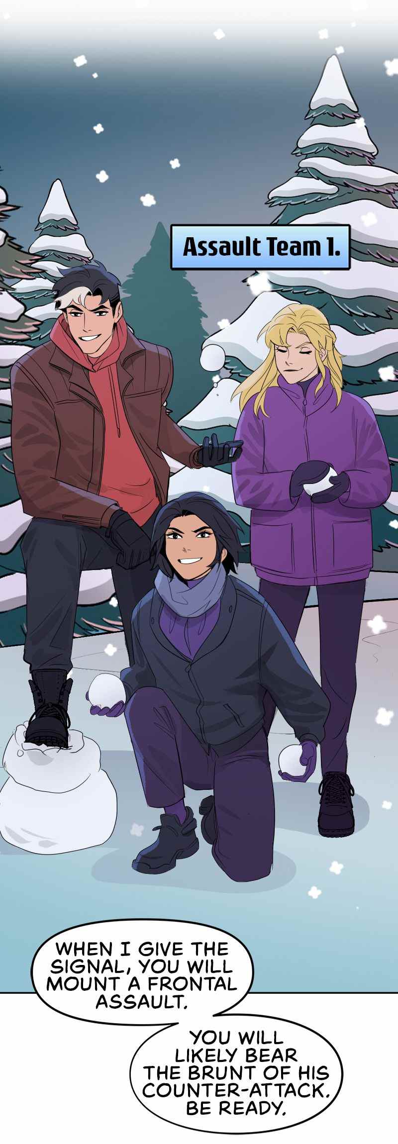 Tim Drake discute des tactiques de combat de boules de neige avec Red Hood, Stephanie Brown et Cassandra Cain dans Batman : Wayne Family Adventures.