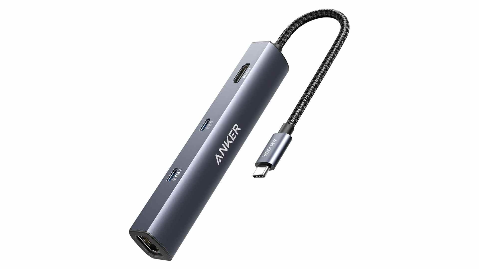 Station d'accueil Steam Deck : adaptateur de concentrateur Anker USB C sur fond blanc