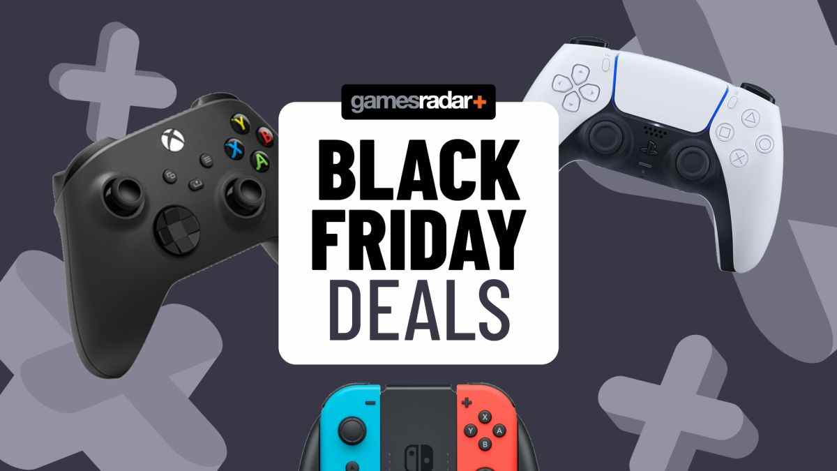 GamesRadar+ Black Friday gaming deals header with a DualSense, Xbox, and Nintendo Switch controller