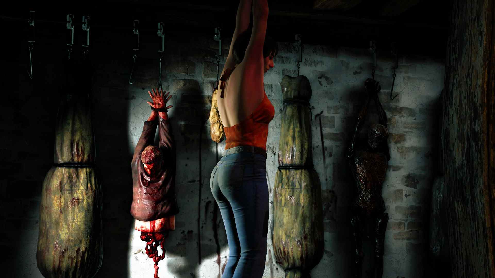 Le jeu d'horreur Texas Chainsaw Massacre n'est pas Dead by Daylight: une victime du Texas Chainsaw Massacre est suspendue dans le sous-sol.