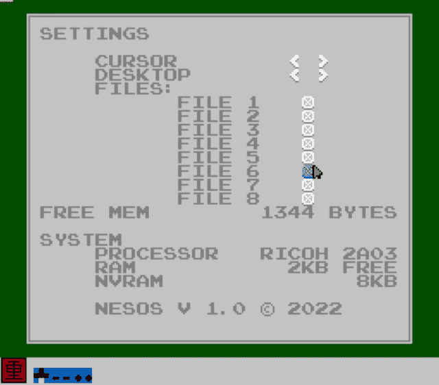 L'application des paramètres dans NESOS, qui fonctionne également comme un gestionnaire de fichiers.  Vous pouvez choisir des couleurs personnalisées et un curseur, y compris Kirby.