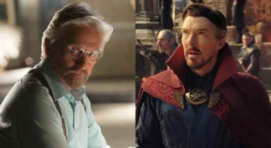 From left to right: Michael Douglas as Hank Pym sitting at a desk in Ant-Man and Benedict Cumberbatch as Doctor Strange looking into the distance in Doctor Strange in the Multiverse of Madness.