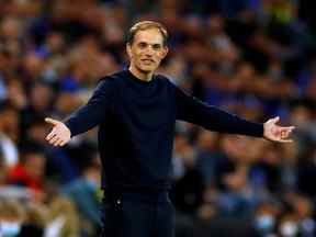 Football football - Super coupe d'Europe - Chelsea v Villarreal - Windsor Park, Belfast, Irlande du Nord - 11 août 2021 Thomas Tuchel, directeur de Chelsea, réagit.