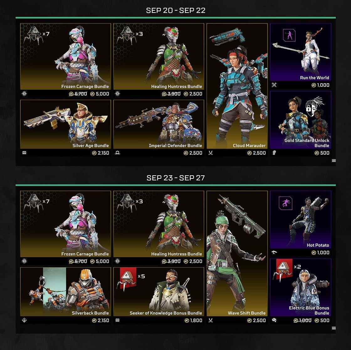 Les packs du magasin contiennent des skins anciens et nouveaux.