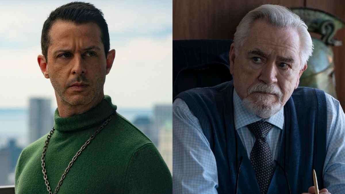 Left: Jeremy Strong as Kendall Roy in Succession, standing in a green shirt. Right: Brian Cox sitting at a desk as Logan Roy on Succession.