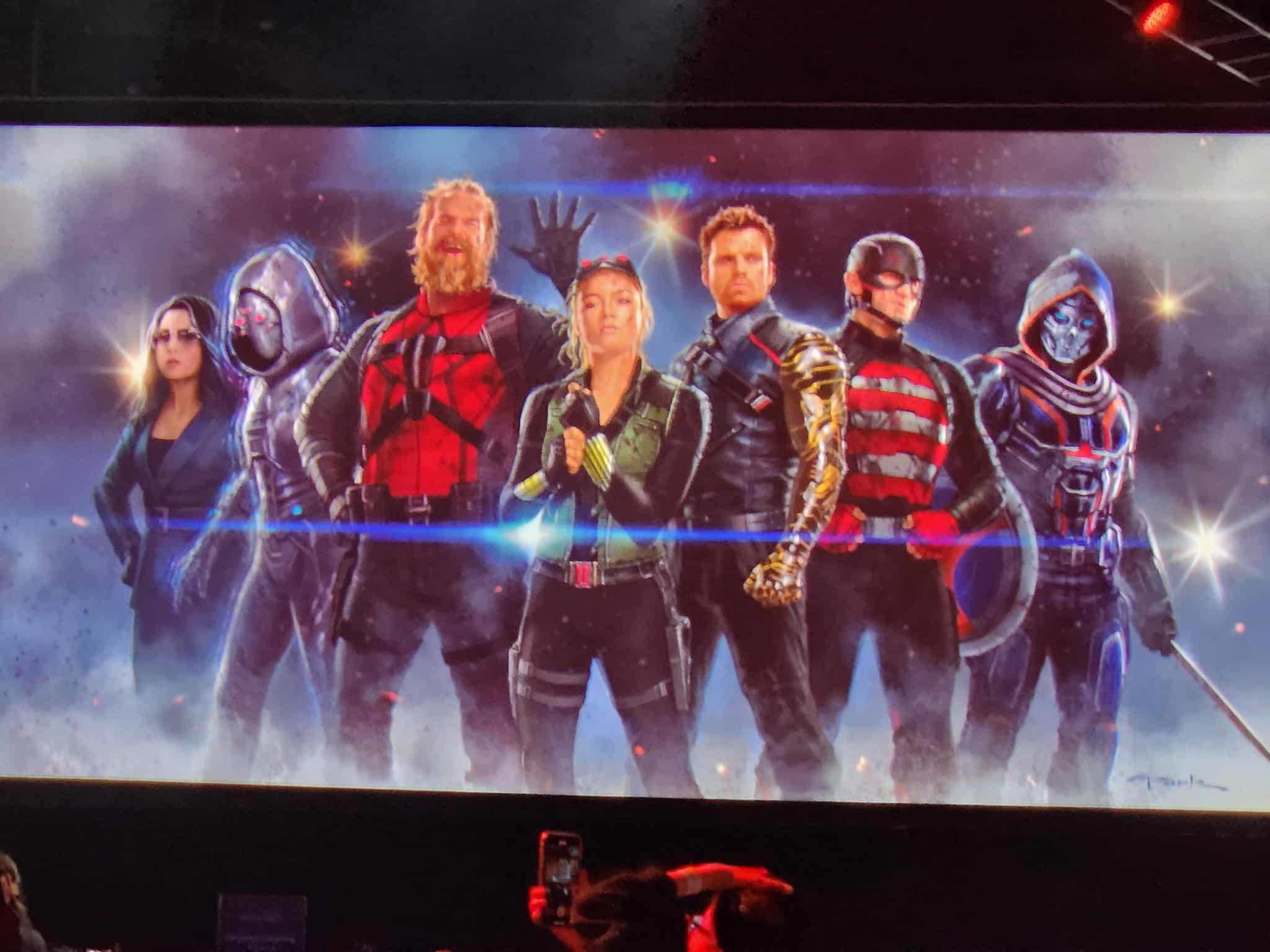 La composition de l'équipe du film Thunderbolts Yelena Belova (Florence Pugh), Red Guardian (David Harbour), l'agent américain (Wyatt Russell), Bucky Barnes (Sebastian Stan), Ghost (Hannah John-Kamen) et Taskmaster (Olga Kurylenko?).  Valentina Allegra de Fontaine (Julia Louis-Dreyfuss)