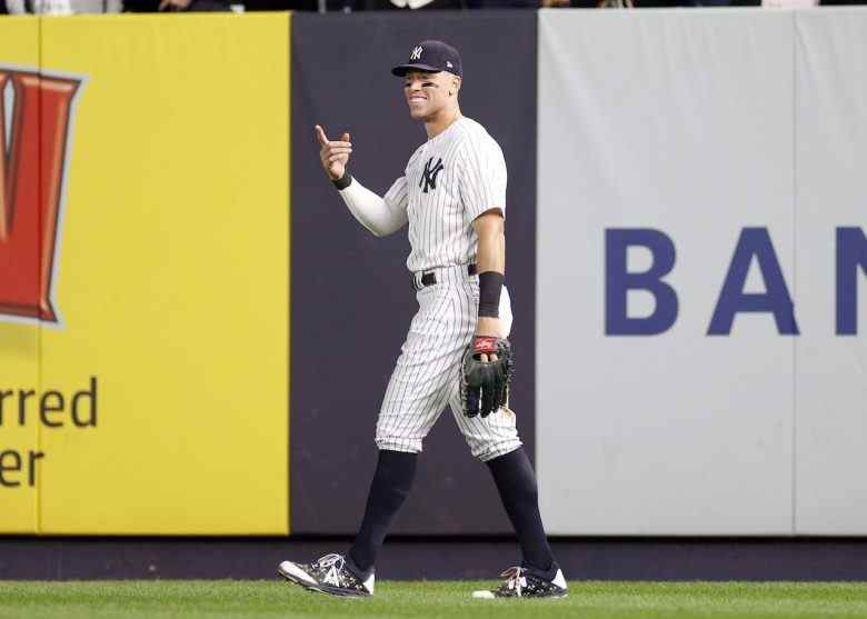 NEW YORK, NEW YORK - SEPTEMBER 22: Aaron Judge #99 of the New York Yankees reacts after making an out with a throw to second during the ninth inning against the Boston Red Sox at Yankee Stadium on September 22, 2022 in the Bronx borough of New York City. The Yankees won 5-4. (Photo by Sarah Stier/Getty Images)