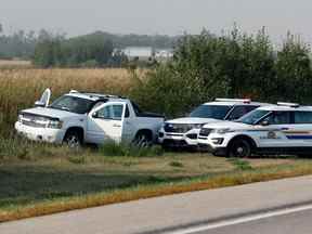 Des véhicules de la GRC sont vus à côté d'une camionnette sur les lieux où le suspect de poignardage de masse Myles Sanderson a été arrêté, le long de la route 11 à Weldon, en Saskatchewan, le 7 septembre 2022.