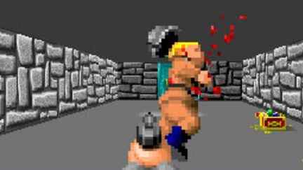 A screenshot of Wolfenstein 3D showing a Nazi soldier being shot