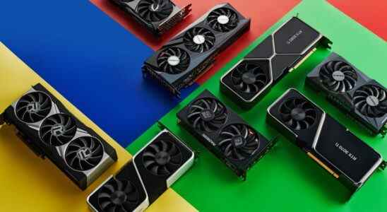 A collection of graphics cards on a colourful background.