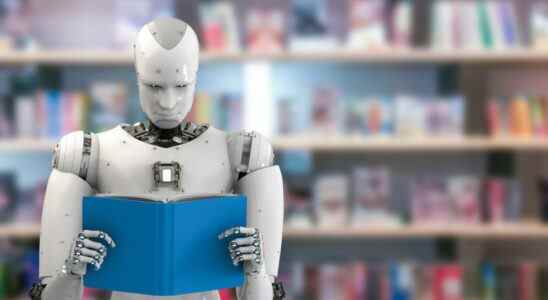 A robot reading a book in a library.