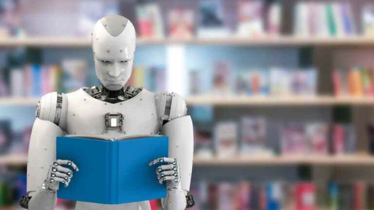 A robot reading a book in a library.