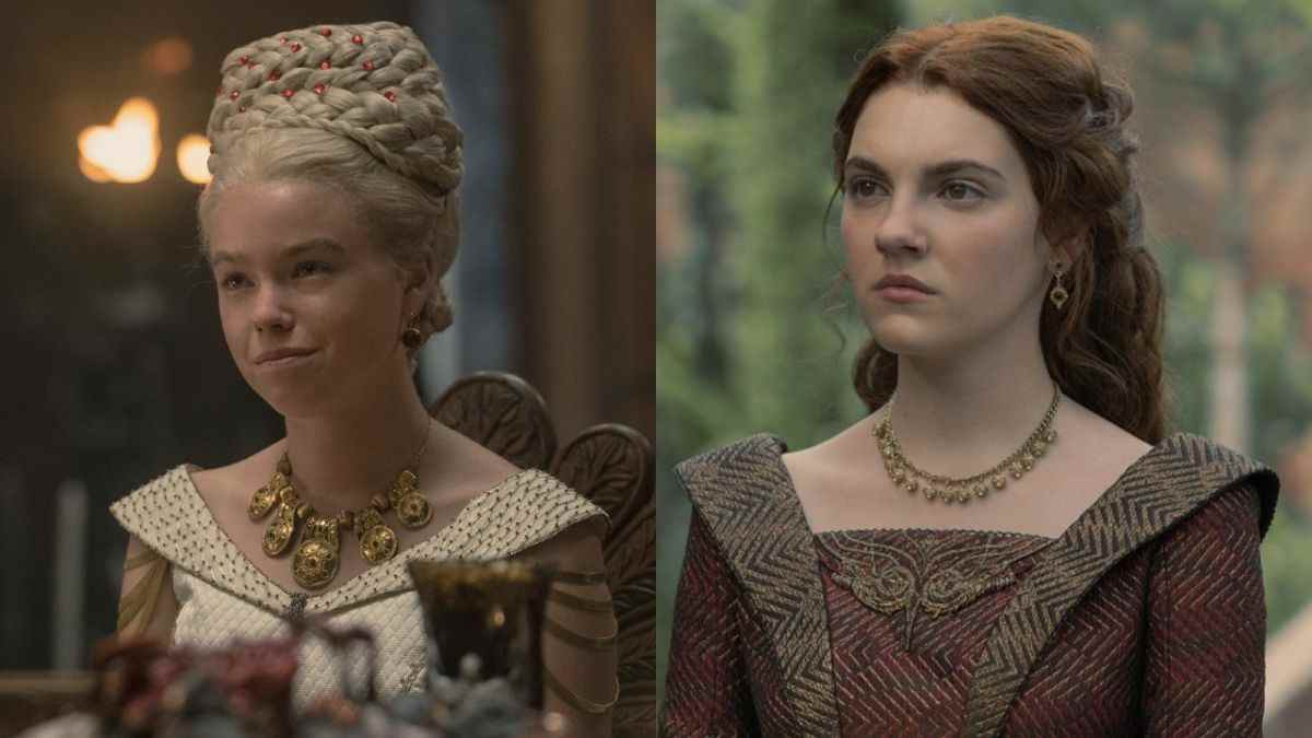 Left: Milly Alcock as Rhaenyra sitting at a table during a feast. Right: Emily Carey as Alicent Hightower standing outside in House of the Dragon. 