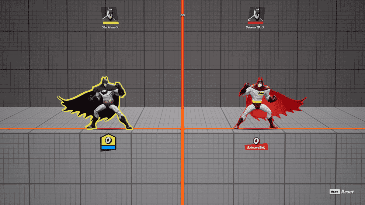 Deux personnages Batman s'affrontent dans le mode d'entraînement Lab de MultiVersus