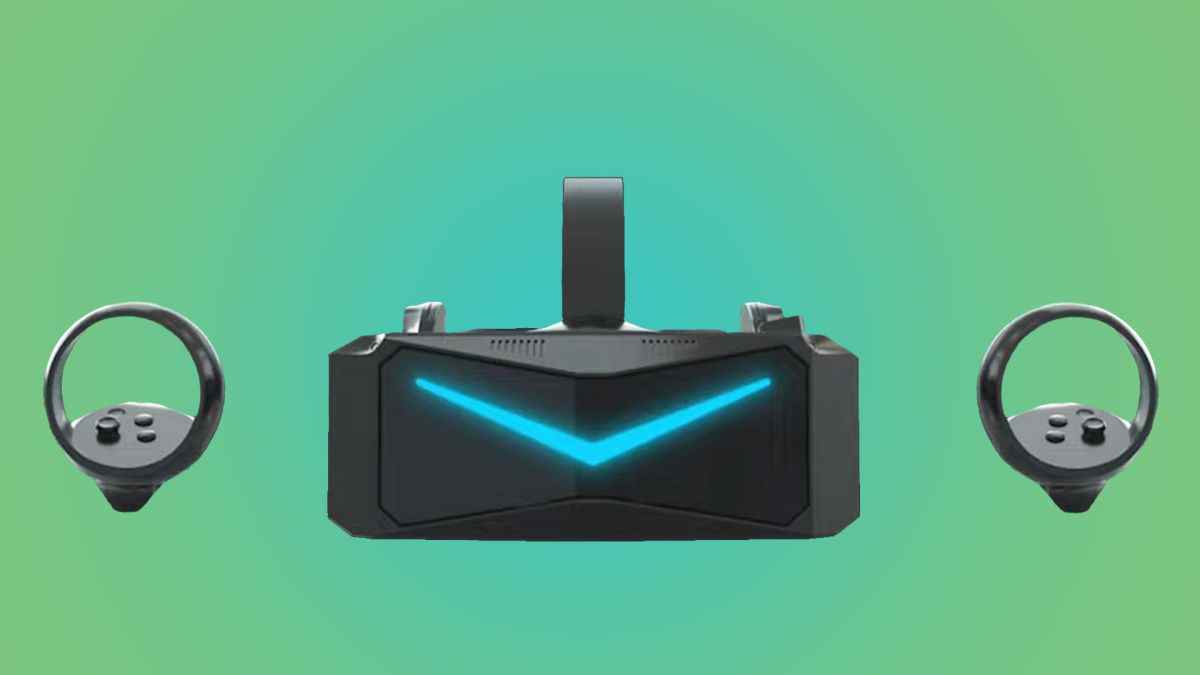 The Pimax 12k qled vr headset front on on a green and blue gradient background