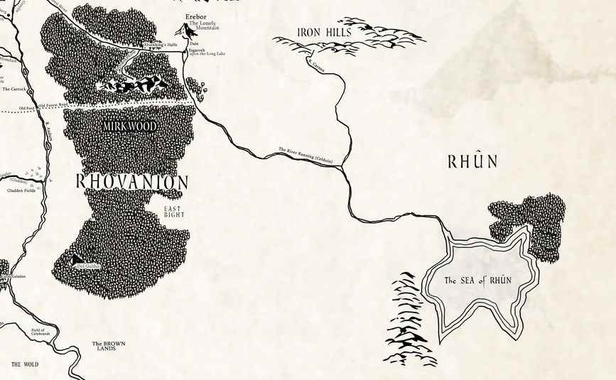 Une carte de la mer intérieure du Rhûn et de la région du Rhûn, à l'est de Mirkwood.