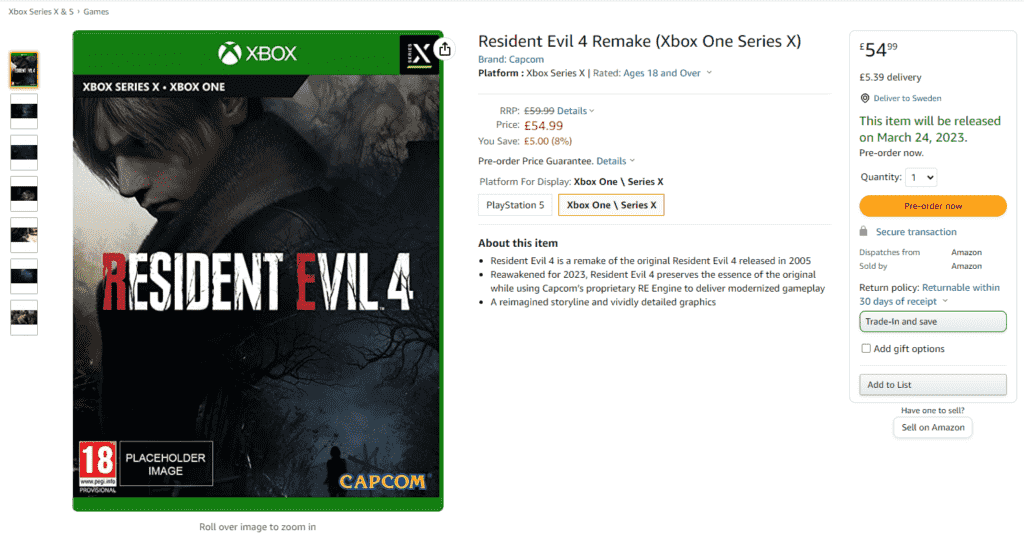 Resident Evil 4 Remake Xbox One Liste Amazon Royaume-Uni 