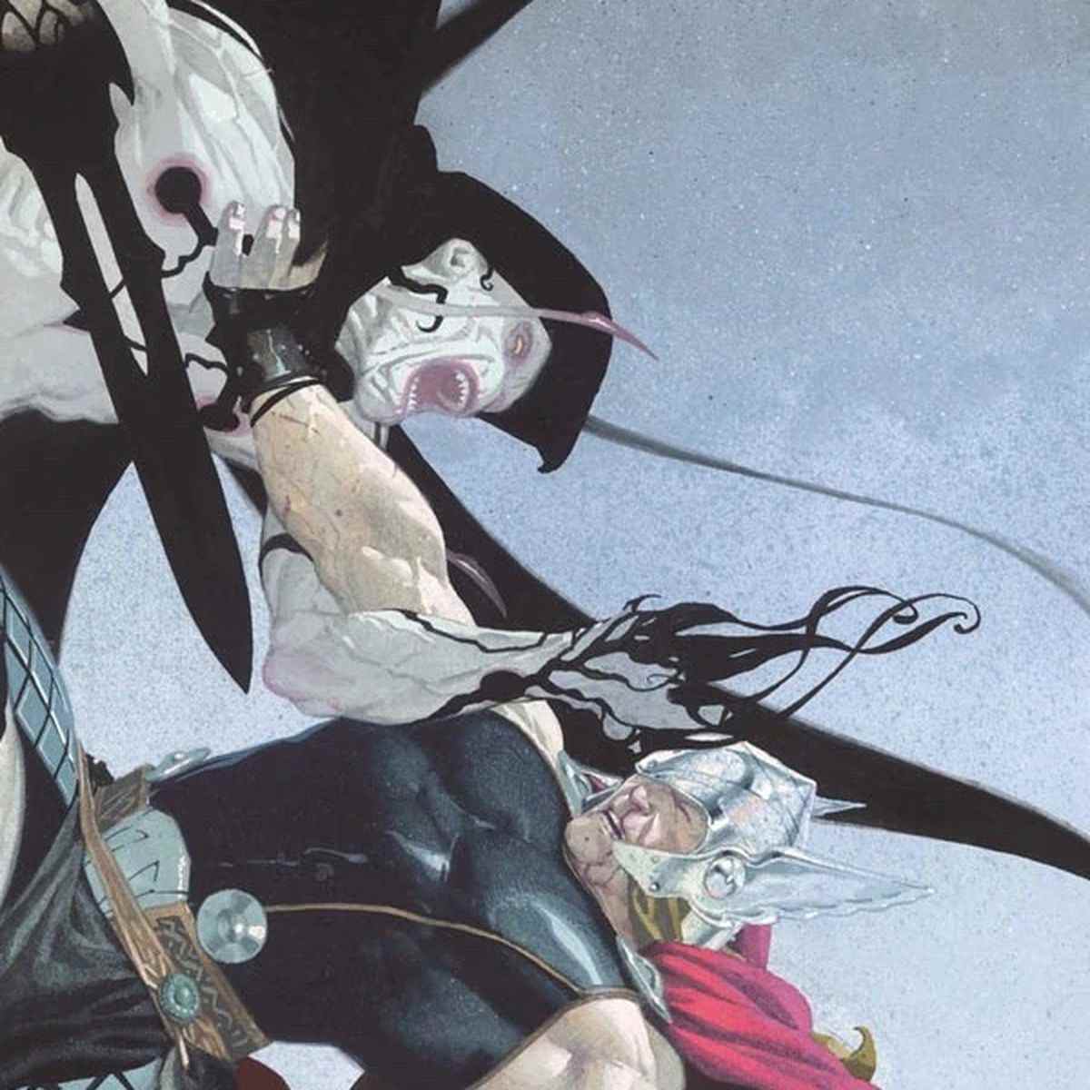 Gorr the God Butcher, un extraterrestre à la peau cireuse dans une énorme cape, dont le poing se termine par une épée, combat Thor en l'air sur la couverture de Thor: God of Thunder # 11 (2013).