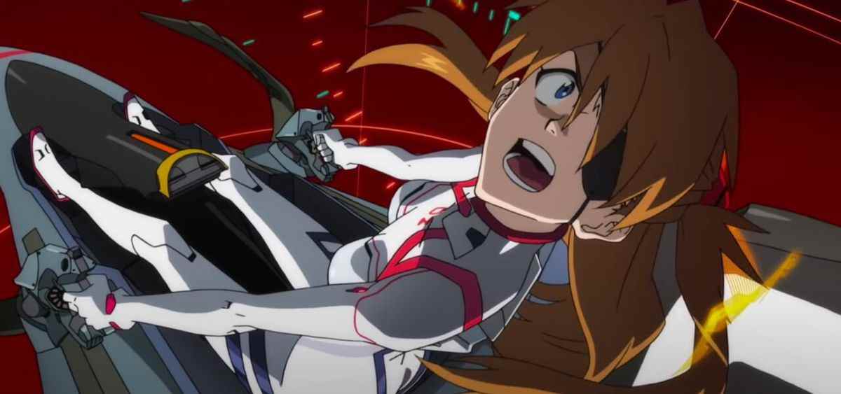 Une Asuka déformée et portant un cache-œil hurle dans Evangelion 1.0 + 3.0: Il était trois fois