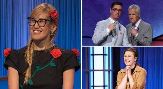 Cindy Zhang, Buzzy Cohen with Alex Trebek, and Mattea Roach on 'Jeopardy'