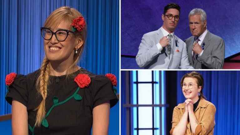 Cindy Zhang, Buzzy Cohen with Alex Trebek, and Mattea Roach on 'Jeopardy'