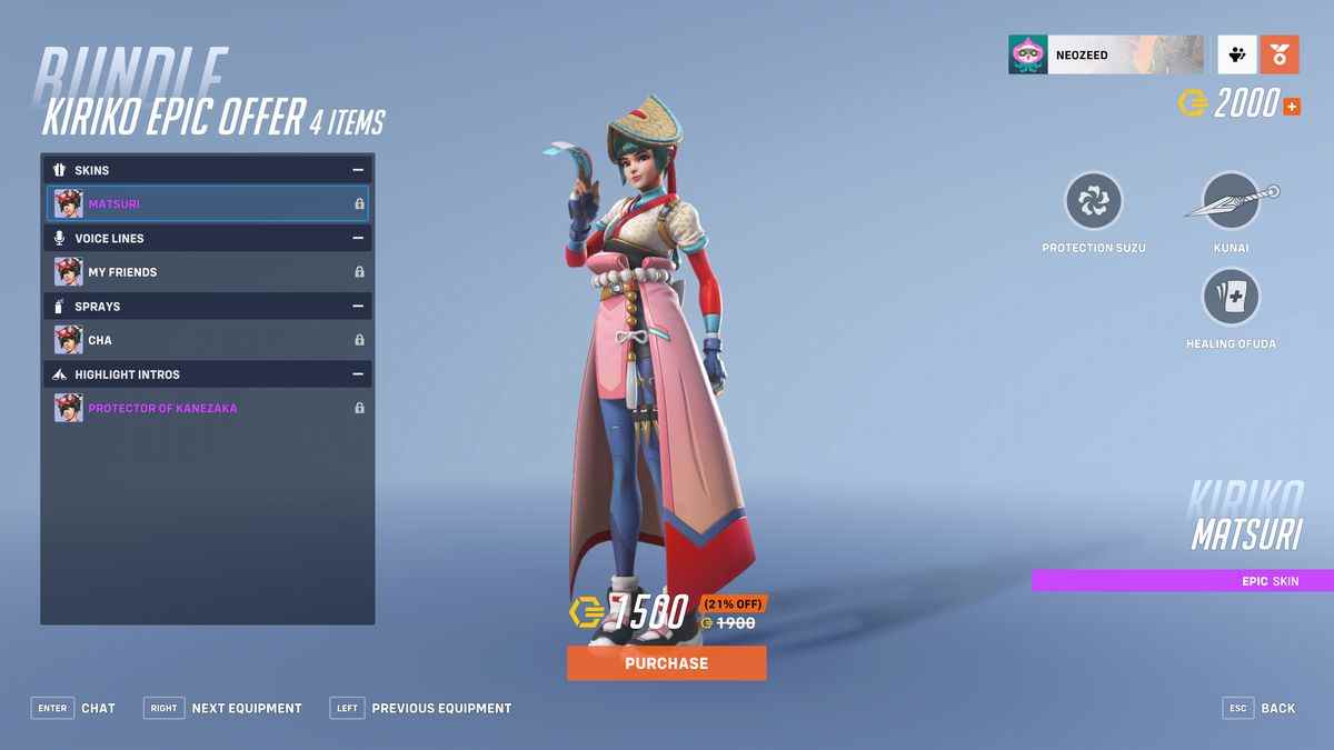 Une capture d'écran d'Overwatch 2 montrant le skin Matsuri (qui signifie «festival») du héros de soutien Kiriko.  Elle porte un chapeau en bambou kasa plié et une robe traditionnelle.