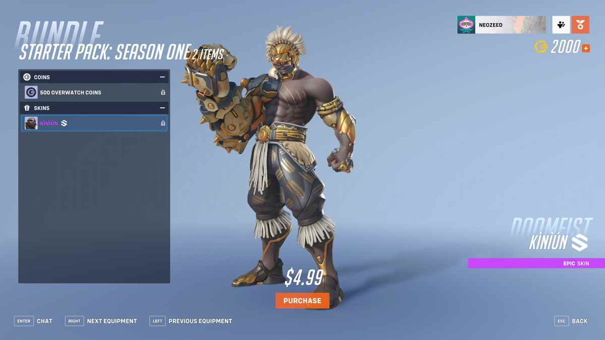 Une capture d'écran d'Overwatch 2 présentant le skin épique Kìnìún (qui signifie 