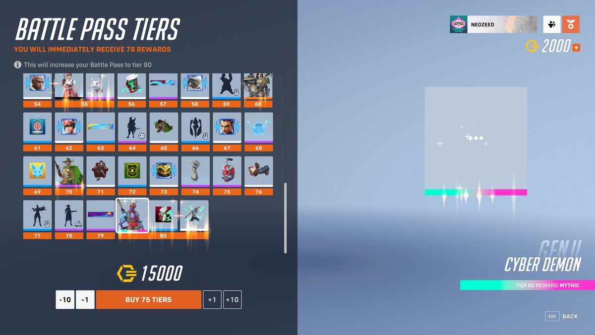 Un écran de menu d'Overwatch 2 montrant le processus d'achat des niveaux de passe de combat.  Une grille d'articles cosmétiques à débloquer sur la gauche a un prix de 15 000 pièces en dessous.