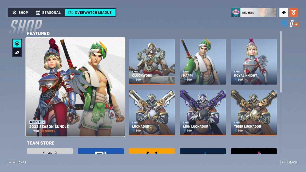 Une capture d'écran de la boutique en jeu Overwatch 2, montrant une disposition en grille des skins Overwatch League pour Mercy, Genji, Zenyatta et Reaper.