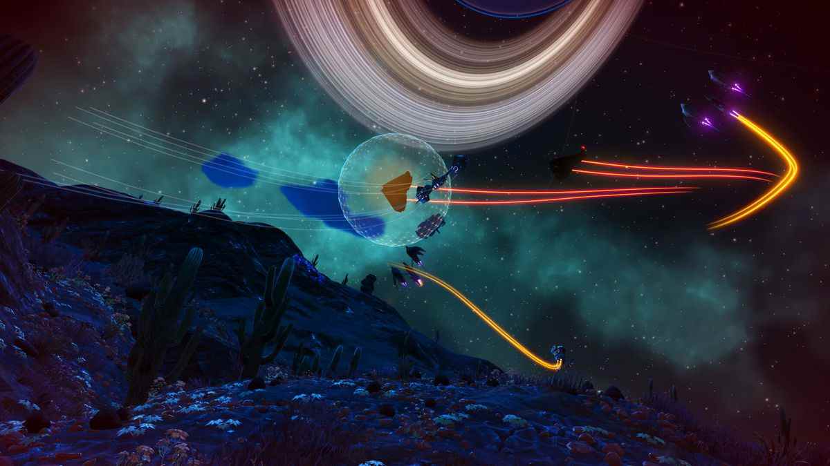 No Man's Sky - Une bataille spatiale se déroule la nuit sur une planète extraterrestre lointaine.