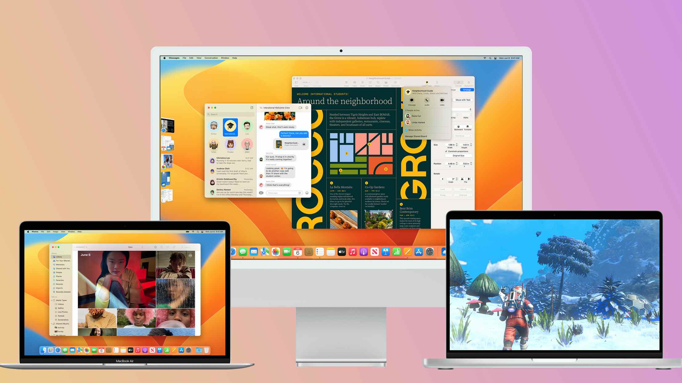 macOS Ventura s'exécutant sur un écran Mac Studio et deux MacBook