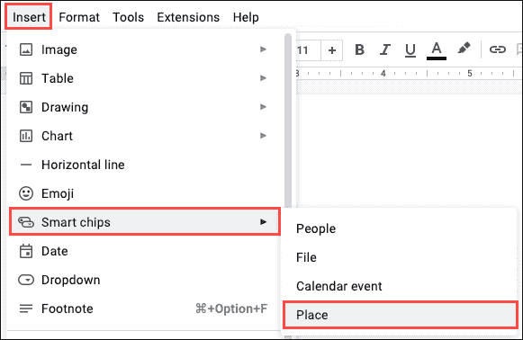 Smart Chips > Places dans le menu Insertion » width= »581″ height= »378″ src= »/pagespeed_static/1.JiBnMqyl6S.gif » onload= »pagespeed.lazyLoadImages.loadIfVisibleAndMaybeBeacon(this); » onerror= »this.onerror=null;pagespeed.lazyLoadImages.loadIfVisibleAndMaybeBeacon(this); »/></p>
<p>Vous verrez une boîte Type to Search For Places apparaître vous demandant d’entrer l’emplacement.</p>
<p><img decoding=