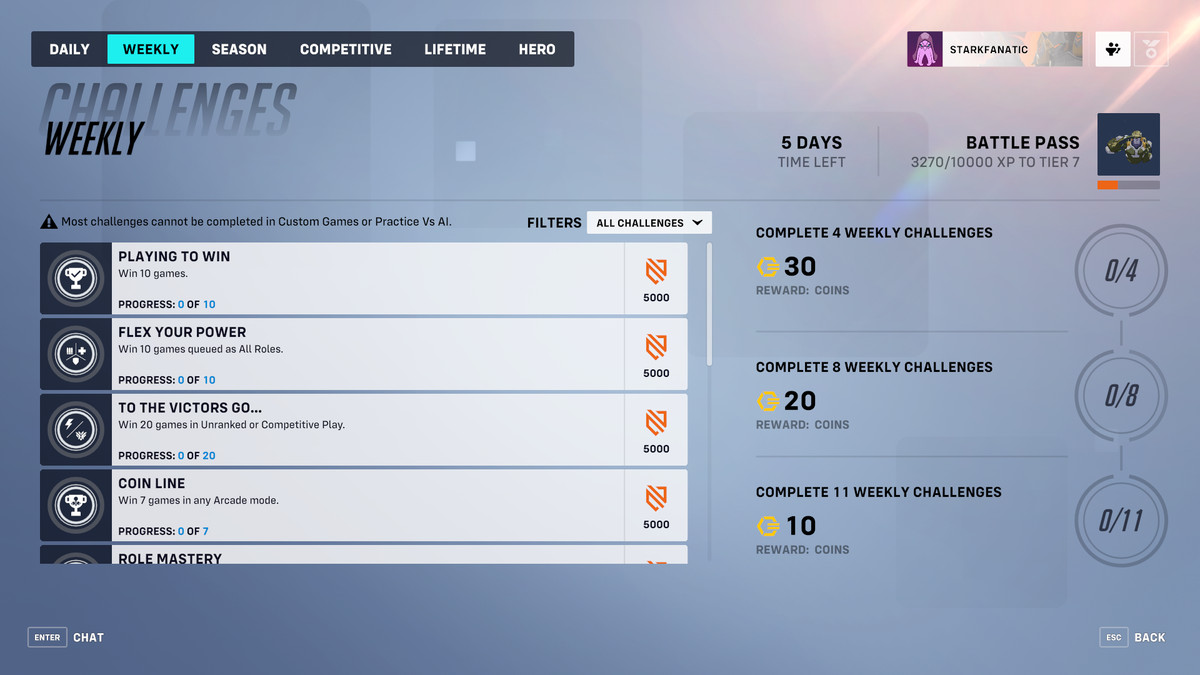 Le menu des défis hebdomadaires dans Overwatch 2, offrant des incitations aux joueurs pour relever plusieurs défis