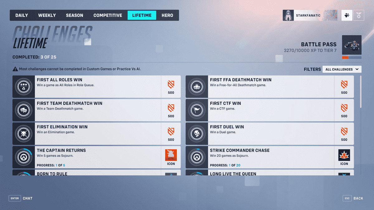 Le menu Lifetime Challenges dans Overwatch 2, qui donne aux joueurs quelques petits coups de pouce pour faire des choses pour la première fois