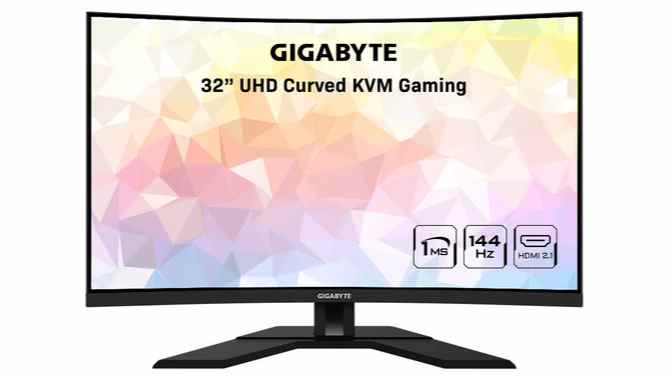 Un moniteur de jeu Gigabyte M32UC sur un fond blanc.