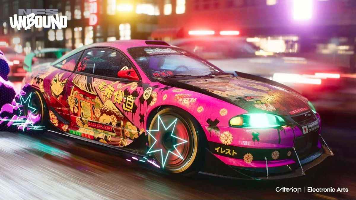 Une capture d'écran promotionnelle pour Need For Speed ​​Unbound montre un coureur de rue sur un arrière-plan flou, avec des formes d'étoiles dessinées à la main sur ses rouets