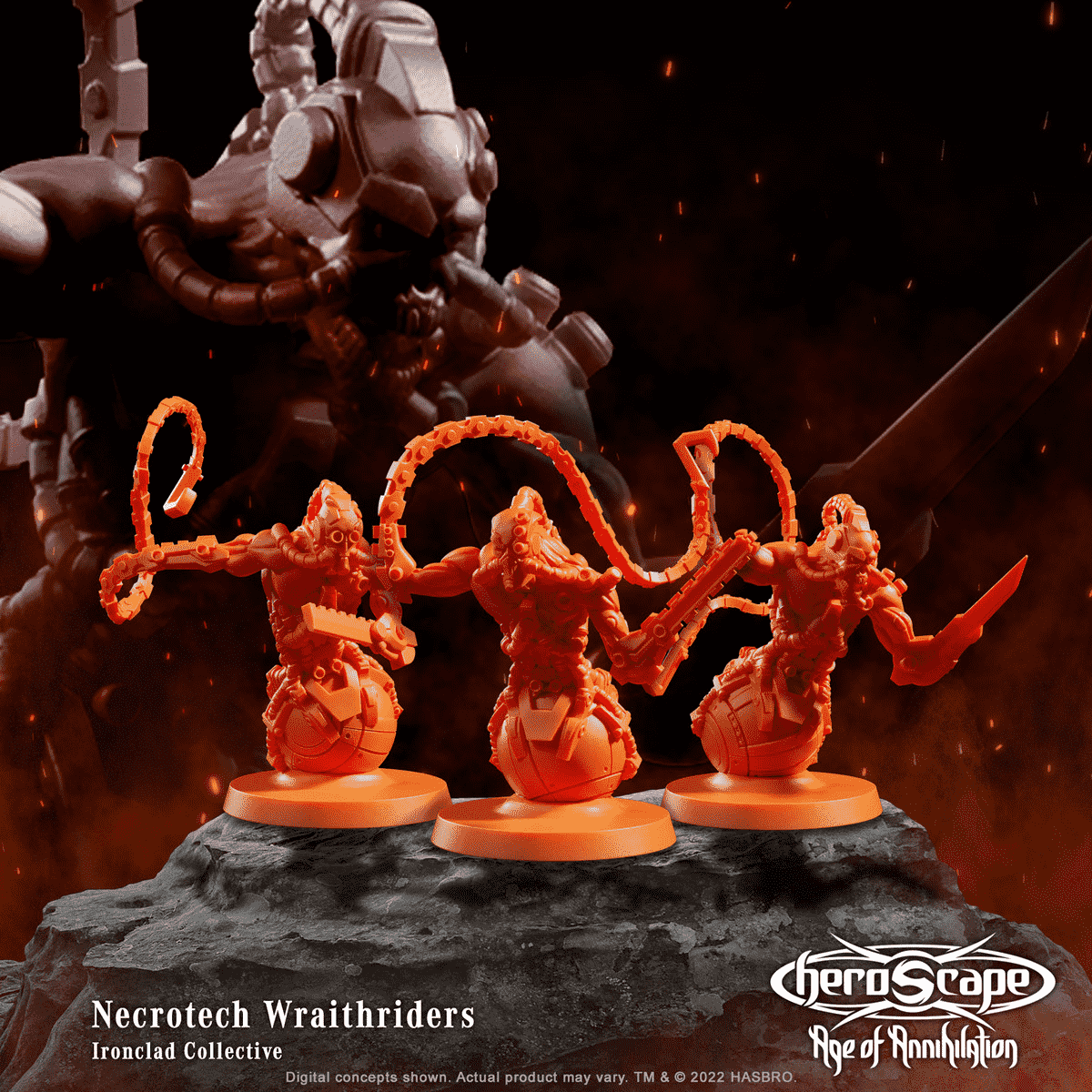 Les Necrotech Wraithriders du collectif Ironclad sont des amalgames d'autres créatures chevauchant une sphère et portant des chaînes et des armes de type tronçonneuse.