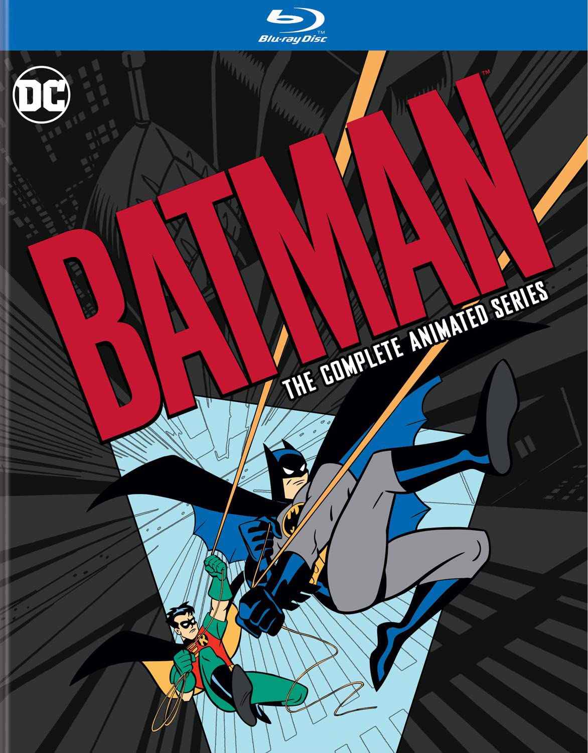 Batman : la couverture de la boîte de la série animée complète avec Batman et Robin se balançant dans l'action.