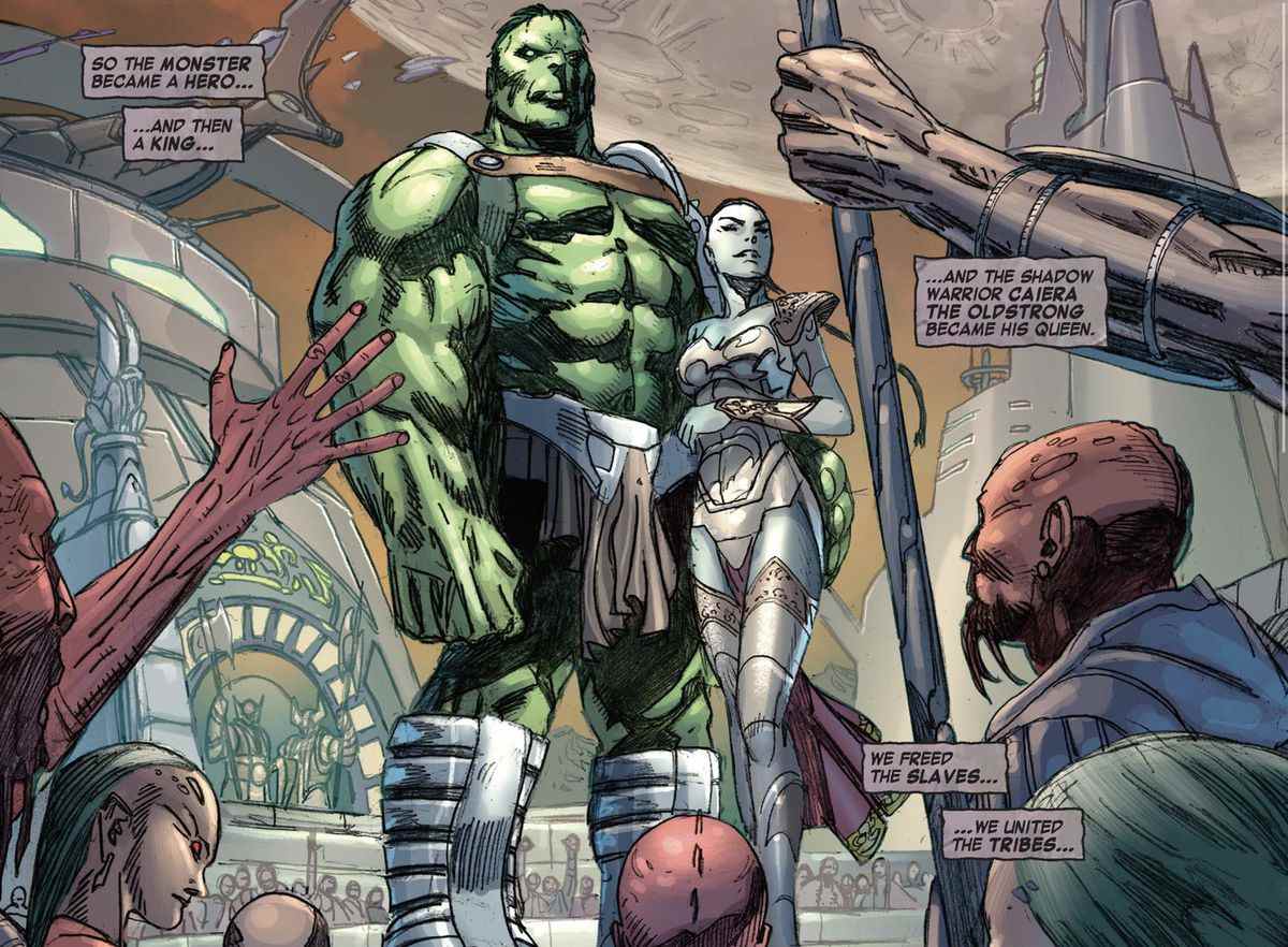 Hulk et Caiera triomphent devant les Sakaariens en liesse dans Skaar: Son of Hulk #1 (2008). 