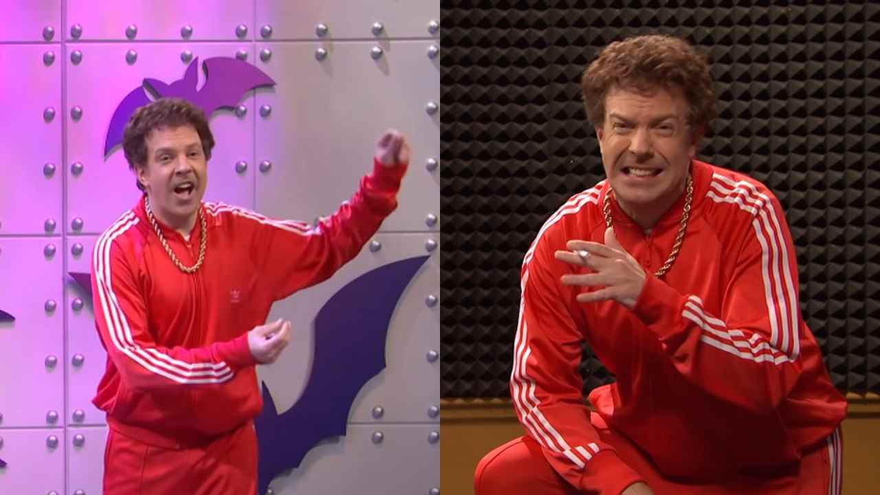 Jason Sudeikis dans le rôle de Vance dans What's Up With That, dansant à gauche et debout à droite