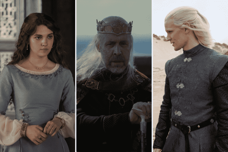 Side-by-side stills of a teen girl in a medieval dress, an aging medieval king with a crown, a man with short white-blond hair standing on the beach in a medieval tunic; from "House of the Dragon"