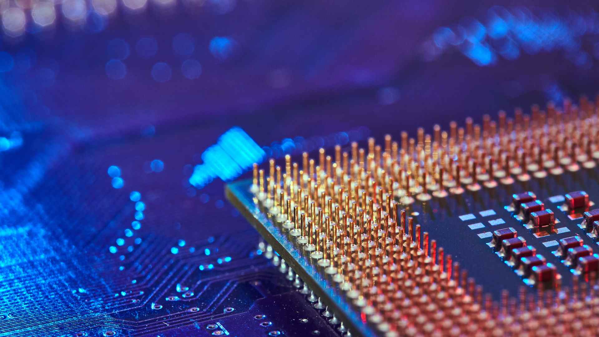 CPU avec les contacts vers le haut reposant sur la carte mère du PC.  la puce est mise en évidence avec une lumière bleue