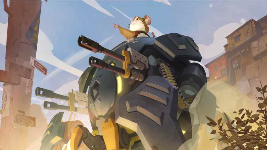 Overwatch 2 rôles : boule de démolition du personnage de tank - un hamster - se dresse au sommet de son robot géant