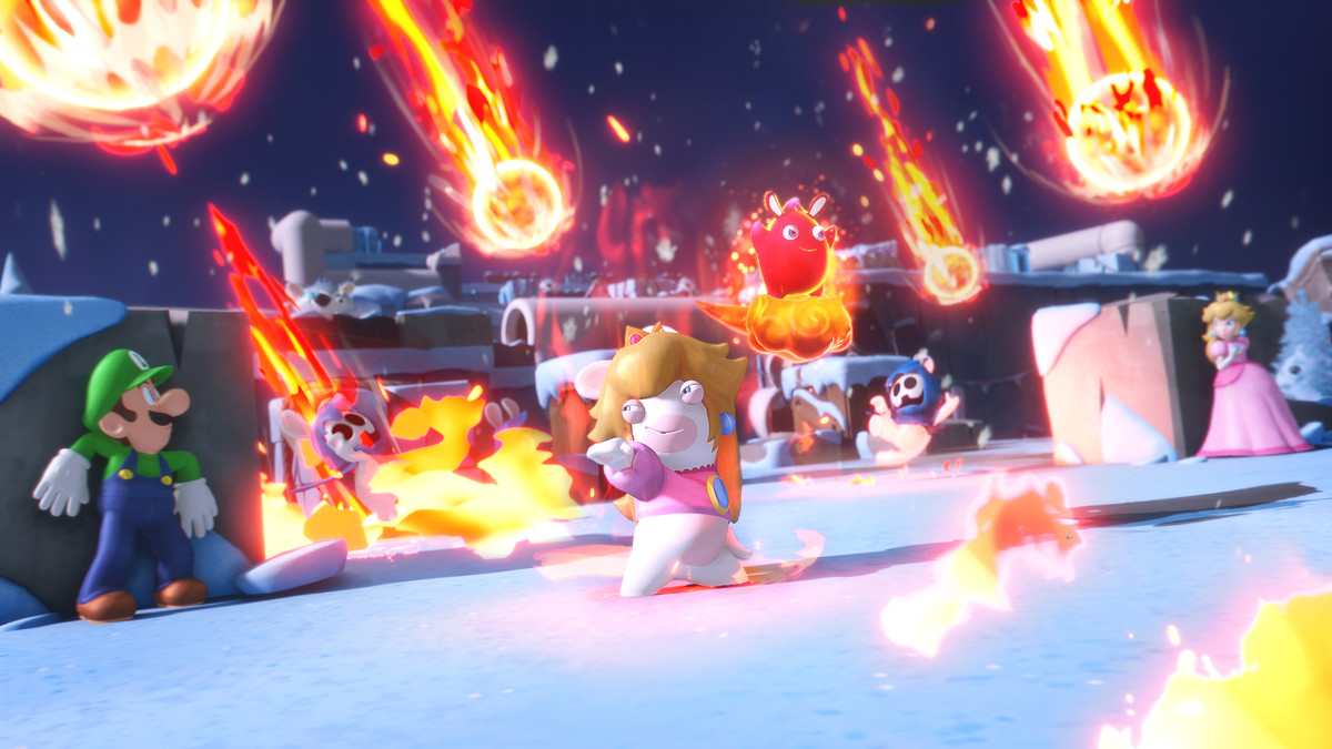 Rabbid Peach active le Pyrogeddon Spark, appelant une pluie de météorites explosive dans un rayon autour d'elle dans Mario + Rabbids Sparks of Hope