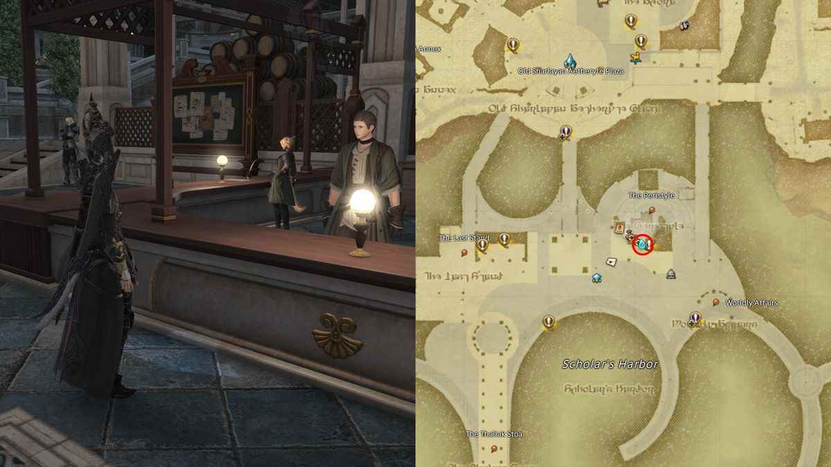 Sur la gauche, le personnage d'un joueur s'approche d'un PNJ dans une taverne dans Final Fantasy XIV, tandis qu'une carte recouvre le côté droit du cadre.