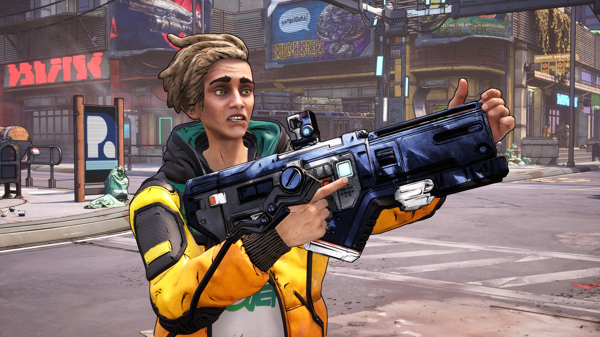 Octavio, le frère bouffon, tient un fusil avec un regard confus sur le visage, dans New Tales of the Borderlands