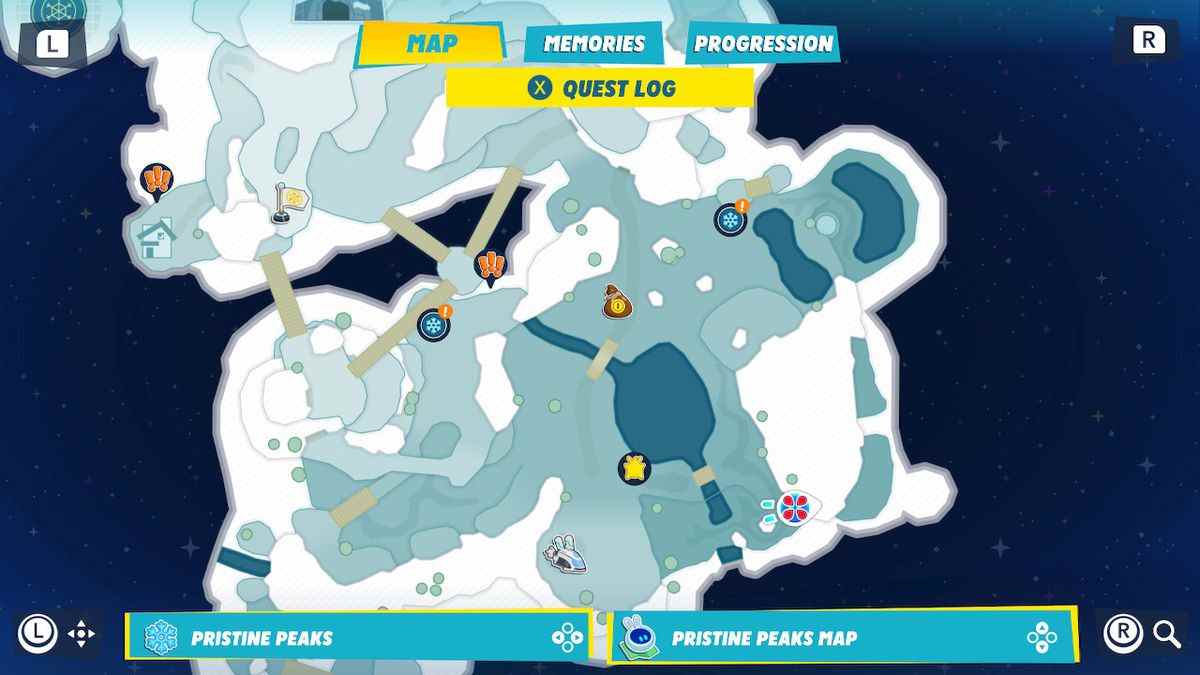 Une carte de Pristine Peaks dans Mario + Rabbids Sparks of Hope, montrant l'emplacement d'une pipe Rabbid