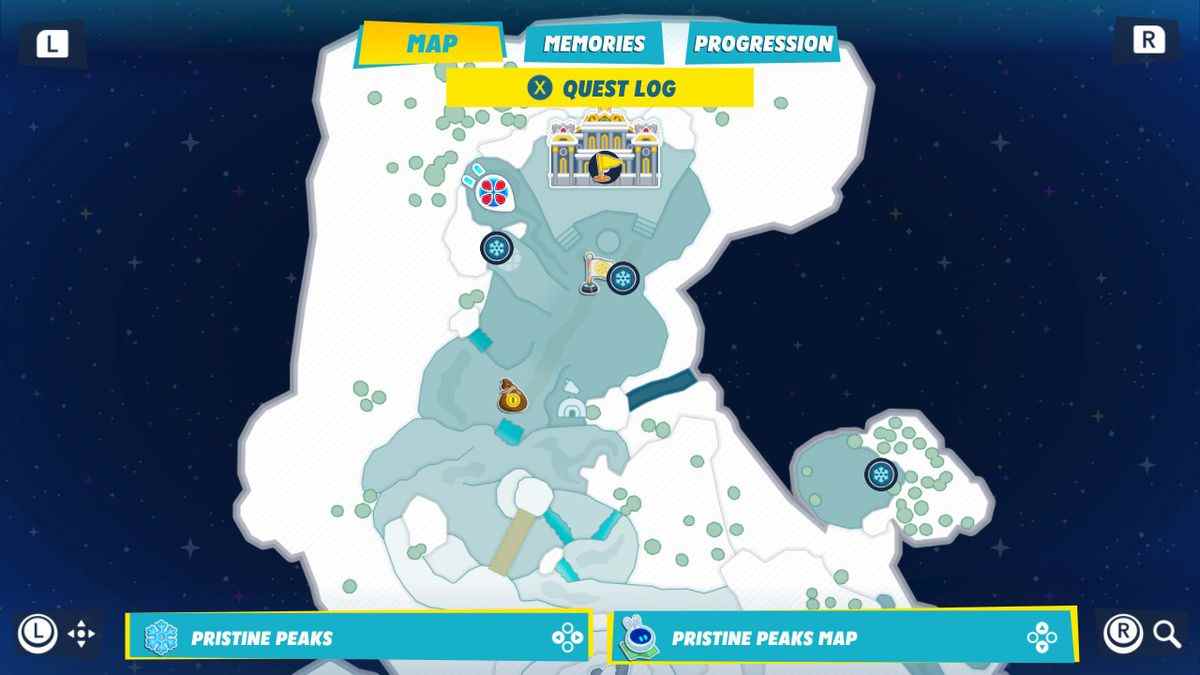 Une carte de Pristine Peaks montrant l'emplacement de la deuxième brique Igloo pour la quête Igloo Breakthrough dans Mario + Rabbids Sparks of Hope